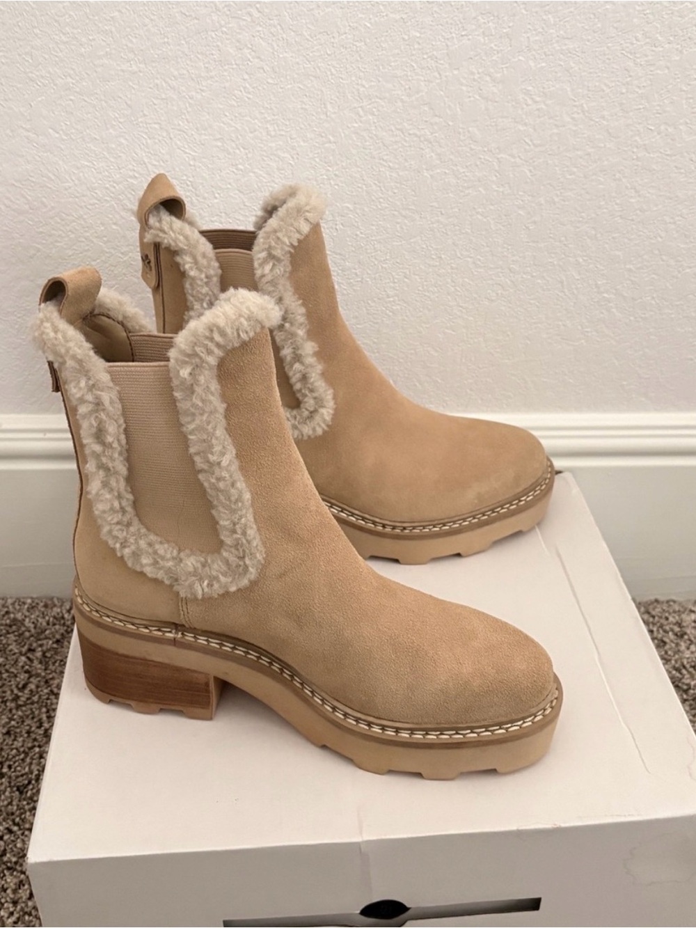Calvin Klein Women's Suede Shearling-Trim Ankle Boots - Beige